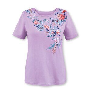 New XXL Lavender Cascading Floral Sparkling Sequin Short Sleeve Knit Top